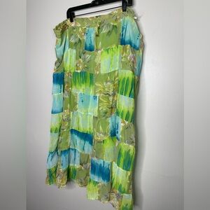 Vintage Green Patchwork Rayon Full Linen Maxi Skirt OS Flowy Comfy Summer